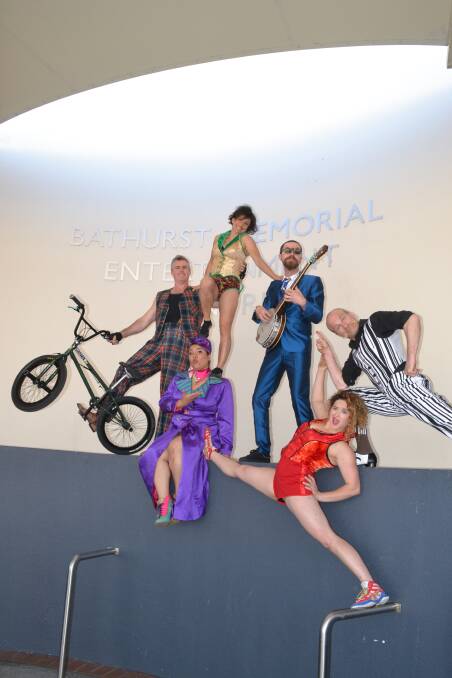 ON TOP: Circus Oz performers Scott Hone, Sharon Gruenert, Ben Hendry, Matt Wilson and (front) Candy Bowers and Spenser Inwood are among the troupe that will perform at Bathurst Memorial Entertainment Centre tonight for one show only. Photo: NADINE MORTON	 100615nmcircusoz3