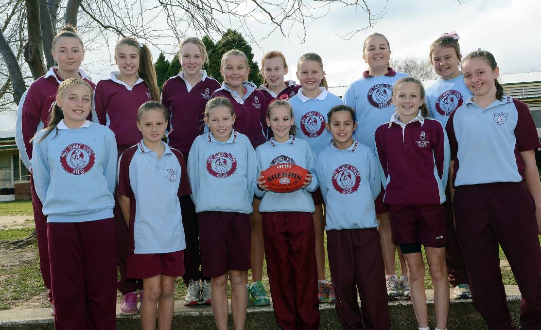 FINALS BOUND: Holy Family’s team off to the Paul Kelly Cup finals on Monday: (back row) Kaylee Barnes, Chelsea Webster, Shaelee Taylor, Trinity Lavelle, Mia King, Molly Brown, Summer Thomas, Kayla Hanrahan and (front row) Abbey Tilley, Kate Fallon, Taylor Brazier, Cushla Rue, Aaliyah Blenman, Ruby Clarke and Tula Foster. Photo: PHILL MURRAY 	080114pafl