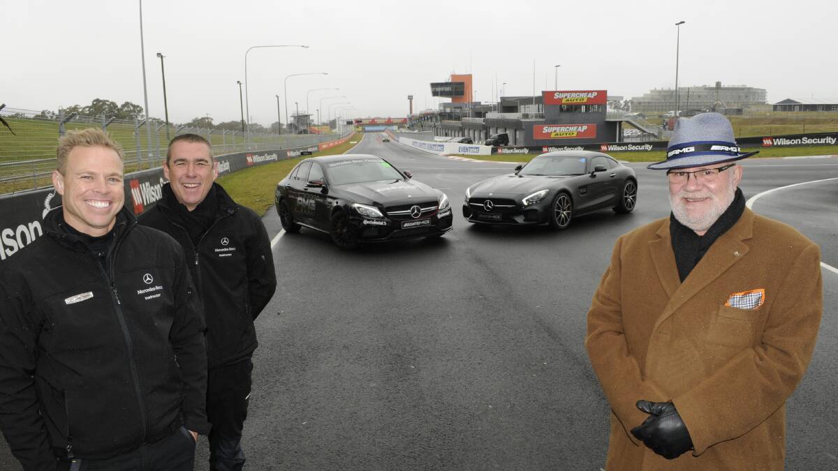 IT’S SHOW TIME: Chief driving instructor Peter Hackett, instructor Gareth Rainsbury and Mercedes-Benz public relations officer David McCarthy with the AMG C 63 S and an AMG GT S. Photo: CHRIS SEABROOK 	071315camg1