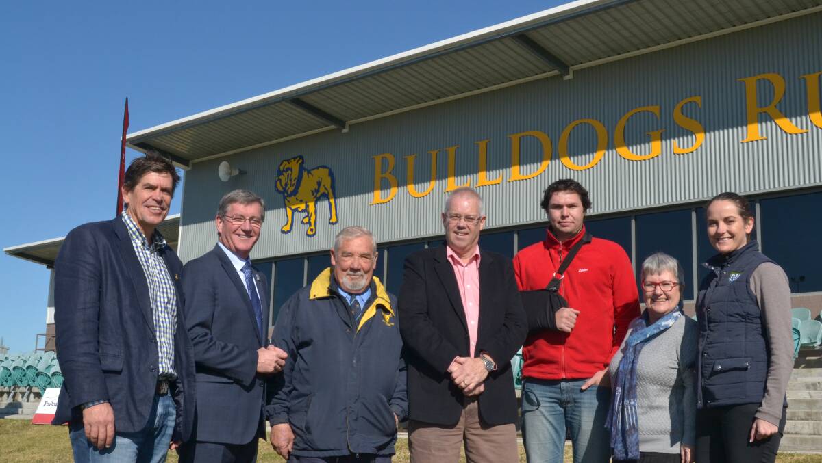COUNTDOWN BEGINS: NSW Country Eagles general manager James Grant, Bathurst mayor Gary Rush, Central West Rugby Union CEO Peter Veenstra, Elders representatives Paul Reid and Adam Meiklejohn, CSU acting secretary Miriam Dayhew and NSW Farmers marketing manager Mary Lockton at the launch of the Eagles match at Ashwood Park. Photo: SAM DEBENHAM 	070115sdRugby1