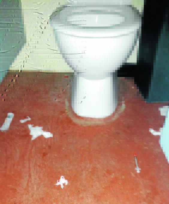 DANGEROUS DISCOVERY: Needles and bloody tissues littered the floor of the toilets in the adventure playground yesterday morning.	 021615toilet1