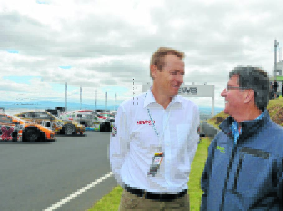 TOP OF THE WORLD: Event organiser James O’Brien and mayor Gary Rush at the top of Mount Panorama during the Bathurst 12 Hour launch. Photo: ZENIO LAPKA	 ZEN_1221