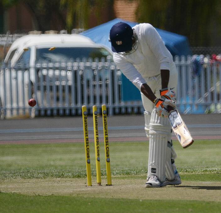 GONE: Kesh Pillai was the first man to fall during Ox-Cents’ innings on Saturday, bowled by Ben Orme. Photo: PHILL MURRAY 101114pkash