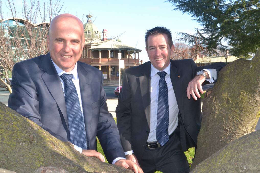 NATIONALS: Education Minister Adrian Piccoli with Bathurst MP and Local Government Minister Paul Toole in Bathurst yesterday.  Photo: BRIAN WOOD
061114toole3