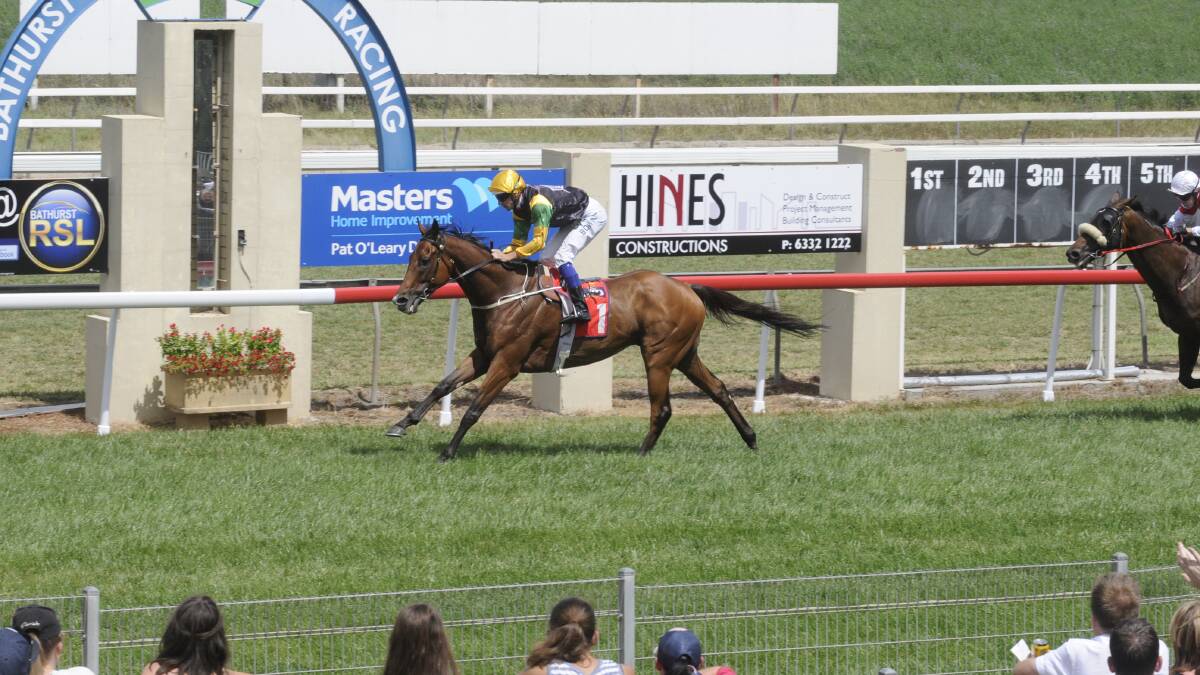 COMFORTABLE: Fuerza, ridden by Hugh Bowman, wins The Barb Benchmark 70 Handicap at Tyers Park. Photo: CHRIS SEABROOK 	030115cturf3