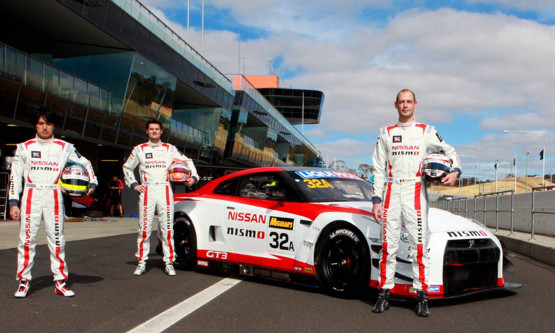 WE’RE BACK: Katsumasa Chiyo, Alex Buncombe and Wolfgang Reip had their Bathurst 12 Hour cut short last year after an incident 59 laps in. They have podium aspirations again in the 2015 event. 	012115nissan