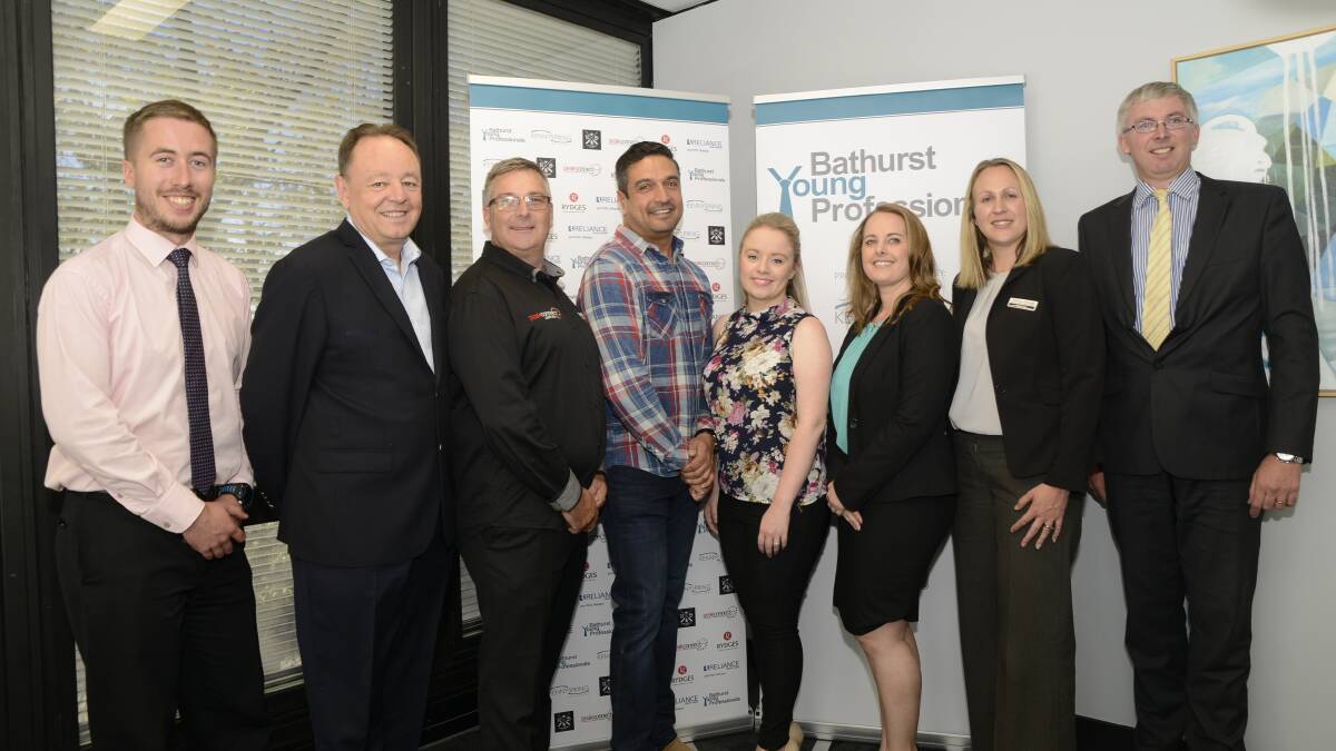 LAUNCH: Bathurst Young Professionals sponsors David Crowley, Mark Genovese, Jeff Peak, Ash Lyons, Hannah Proctor, Zoe Bagnall, Rebecca Partridge and Angus Edwards at yesterday's launch. 	040716pyoung