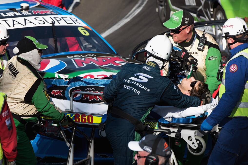 LUCKY ESCAPE: Commentators believe Chaz Mostert was very lucky not to have sustained more serious injuries after an horrific crash at Mount Panorama yesterday afternoon. Photo: GETTY IMAGES 100915chaz