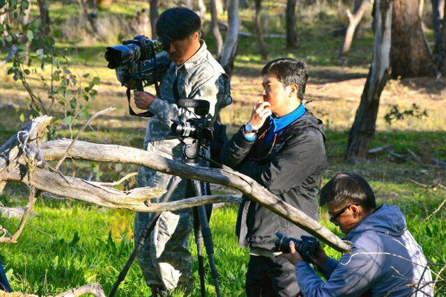 LIGHTS, CAMERA: Blue Rhino Pictures chief producer Park Hwan Sung (centre) with his documentary crew in Bathurst. Photo: Christopher Bergen 061114roo