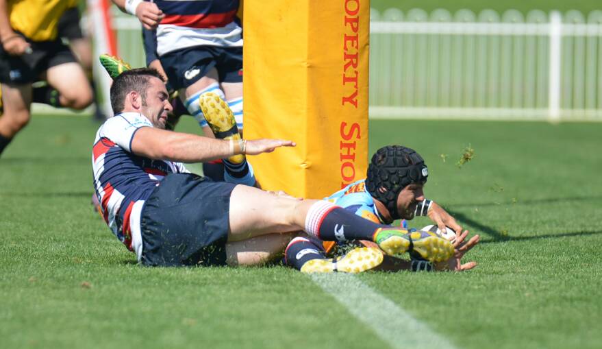 TRY TIME: Central West’s Scott Burgess scores next to the posts in Sunday's Caldwell Cup decider. Photo: COL BOYD DSC_8083