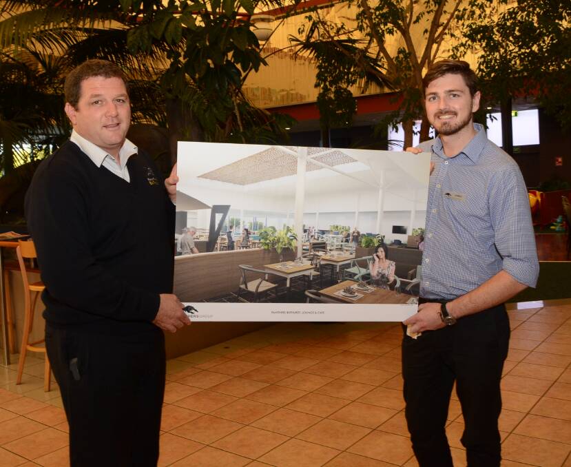 NEW LOOK: Panthers Bathurst general manager John Fearnley and promotions and marketing manager James Knight show off an artist’s sketch of the new-look Atrium Bar that is part of the club’s extensive $5.4 million works program. Photo: PHILL MURRAY 	052215ppanthers