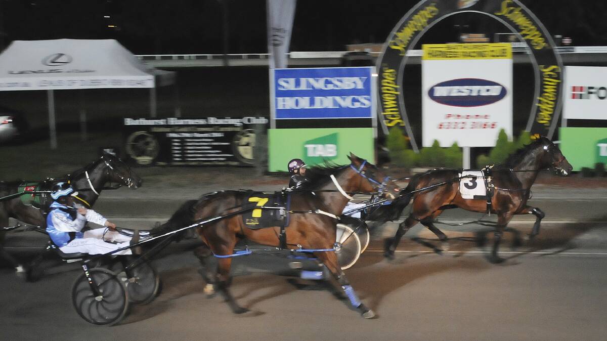 WINNING STRIDES: Mark Hewitt’s Makes Every Scents holds off Mustang Jet to win the 2014 Bathurst Gold Tiara Final. Photo: CHRIS SEABROOK 032914crown5