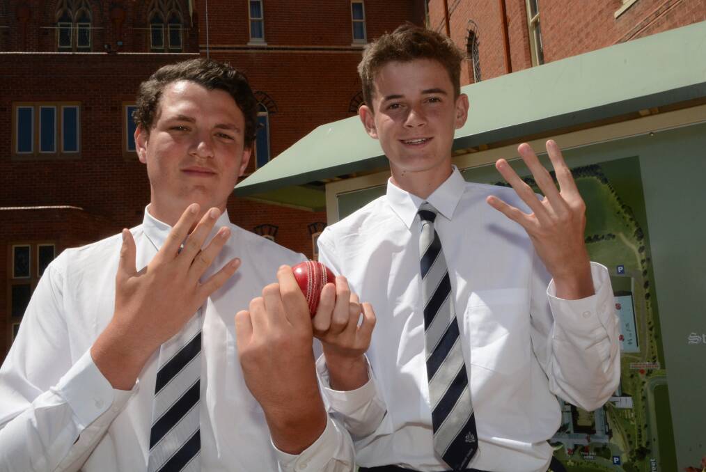 UNBELIEVABLE FIGURES: St Stanisalus’ College’s second XI spearheads Jack Cornish (5-1) and Dom McCrossin (4-4) annihilated their Oakhill College opponents in their ISA match on Saturday, bowling out the entire side for just five runs. Photo: PHILL MURRAY 112415pstannies