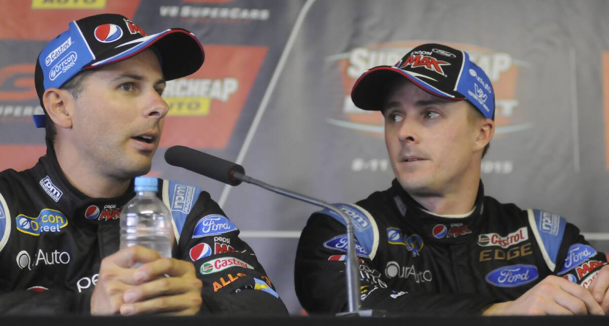 SECOND PLACE: Steve Owen (left) said he was a little disappointed not to win Sunday’s Bathurst 1000 with team-mate Mark Winterbottom. Photo: CHRIS SEABROOK 101115conf2