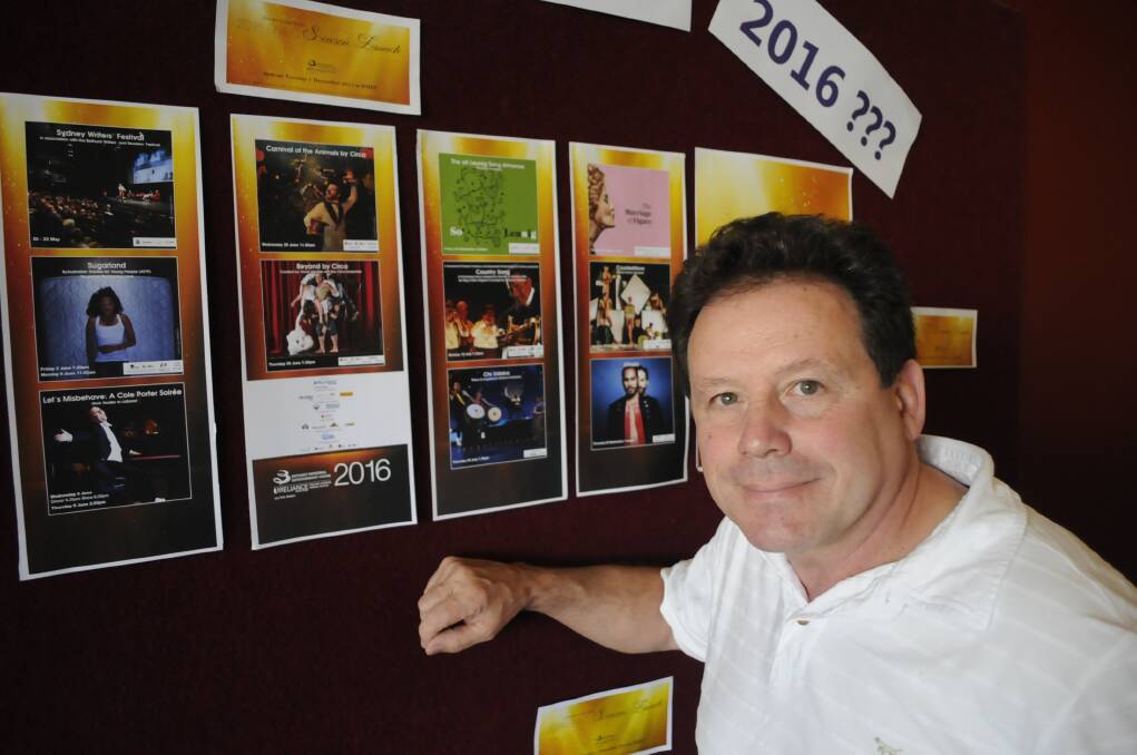 SHOW STOPPERS: Bathurst Memorial Entertainment Centre manager Stephen Champion with some of the events planned for the 2016 season. Photo: CHRIS SEABROOK 113015cbmec