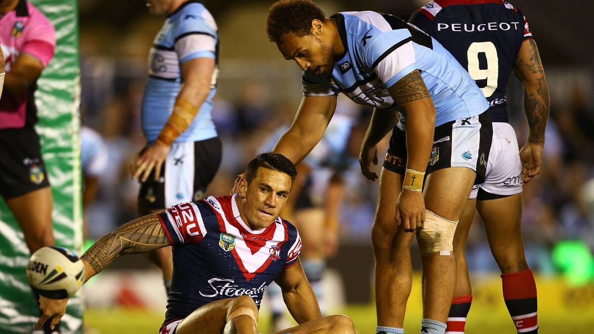 Sonny Bill Williams reacts after his try was disallowed during the round seven NRL match between the Cronulla-Sutherland Sharks and the Sydney Roosters at Remondis Stadium on April 19, 2014 in Sydney, Australia. Photo: Mark Nolan/Getty Images.