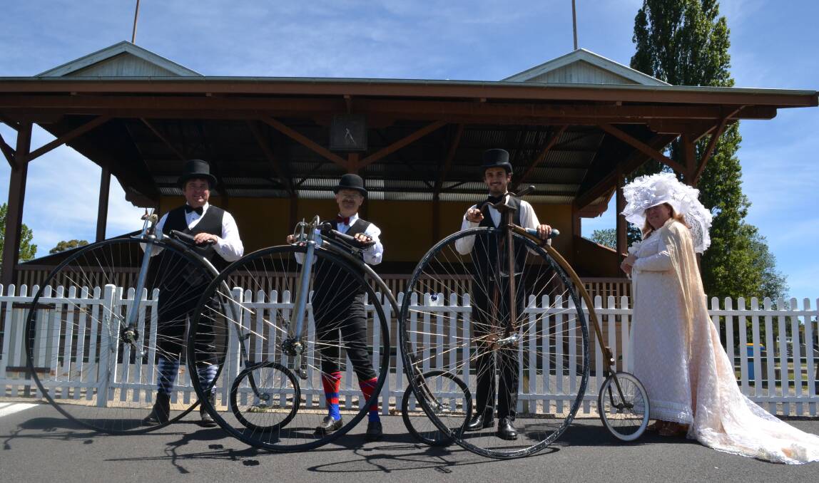 TIME WARP: Robert Strang, John Kitchen, Drew Carter and Jenny Strang will be travelling back over a century this weekend when the Western Division Cycling Championships incorporate a penny farthing race in Orange. Photo: SAM DEBENHAM 030615sdpenny2