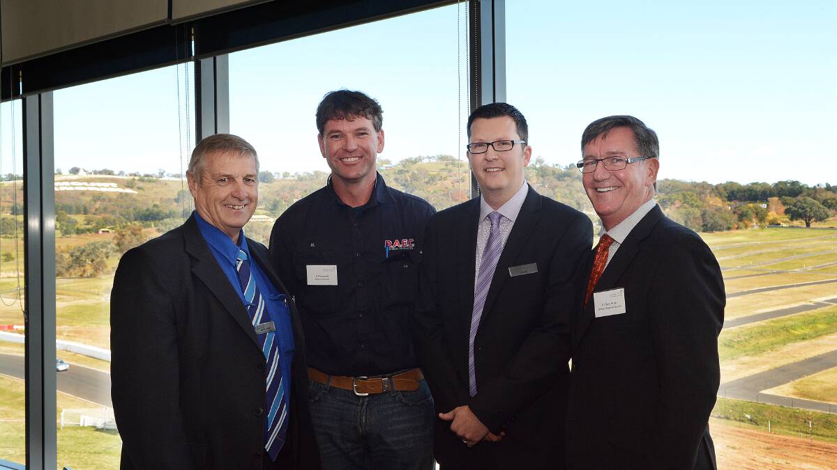 ECONOMIC FUTURE TALKS: David Shaw, BAEC Electrical’s Al Campbell, Steve Bowman and Bathurst mayor Gary Rush during yesterday’s business leader’s forum at Rydges, Mount Panorama. Photo: PHILL MURRAY 052314pbxreg