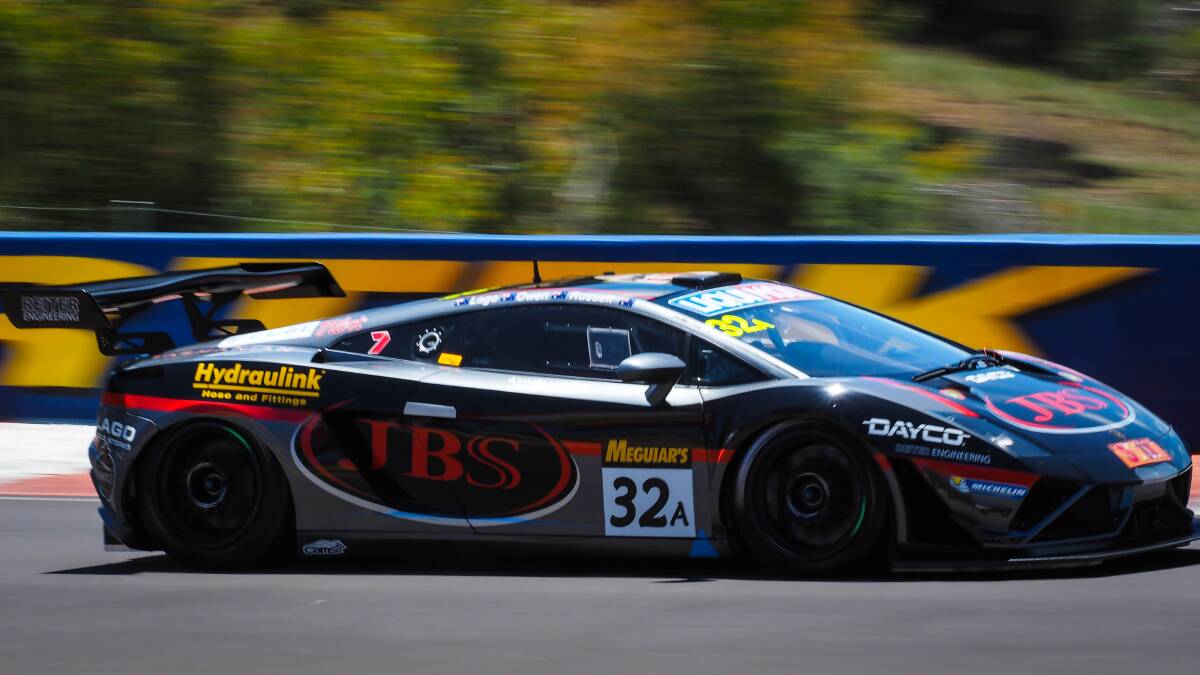 EXOTIC: David Russell, racing the JBS Lamborghini Gallardo, set the fastest time in practice after three sessions yesterday in preparation for the Liqui-Moly Bathurst 12 Hour. Photo: ZENIO LAPKA                                                                                                                           020615zqiickest-1-2