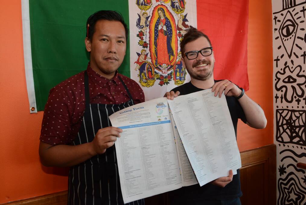 VOTING OPEN: Jeffrey Paguio and Tommy Griffiths from Tommy’s Tex Mex are looking for your vote. Tommy’s Tex Mex has been nominated for Best New Business and also Excellence in Food, Wine or Hospitality in the Crowe Horwath Carillon Business Awards 2015 and voting is now open. Photo: PHIL MURRAY 073115pvote