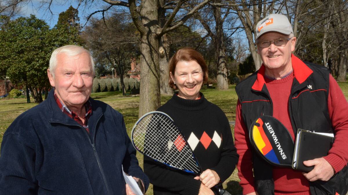 SPECIAL OCCASION: Bathurst Panthers Squash Club members Ray “Shorty” Noonan, Margaret Miller and Brian Larkin are helping organise the big 50-year anniversary dinner and reunion. Photo: PHILL MURRAY 072815psquash