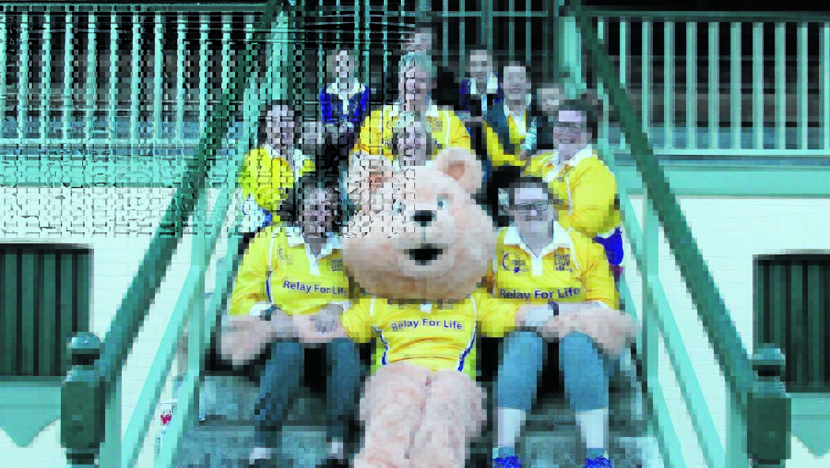 The 2016 Mudgee and Districts Relay For Life Organising Committee members, Cancer Council mascot Dougal Bear and youngsters, check out Victoria Park ahead of the event this weekend. Pictured (clockwise from bottom left) Trey Smith, Rebecca Redfern, Maggie Stott, Rhiannon McPherson, Kris Morrison, Christina and Nicholas Caughey, Dominique McPherson, Heidi and Billy Stott, Mel Heldon, and Kellea Rayner.