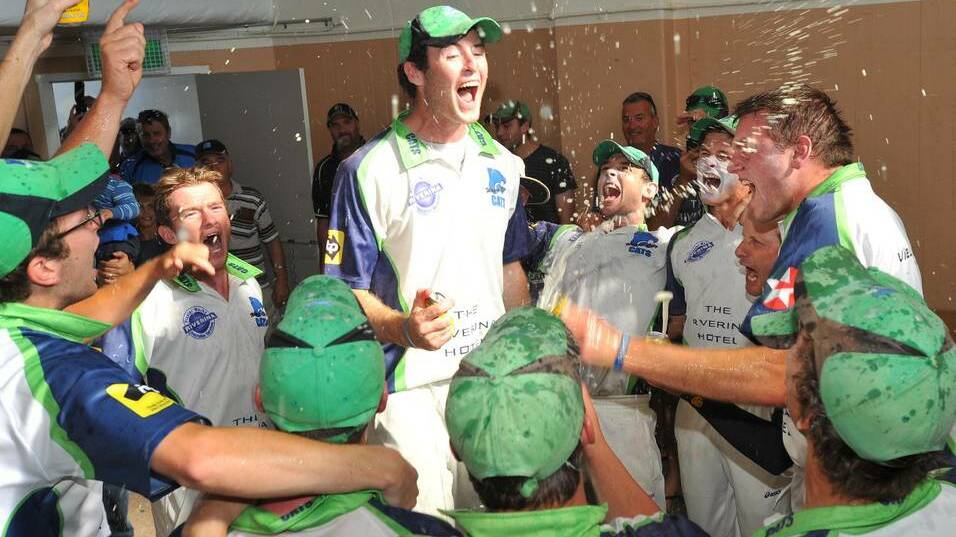 Wagga City's Aaron Maxwell leads team in the club song after winning the premiership at Robertson Oval. Picture Kieren L Tilly/The Daily Advertiser