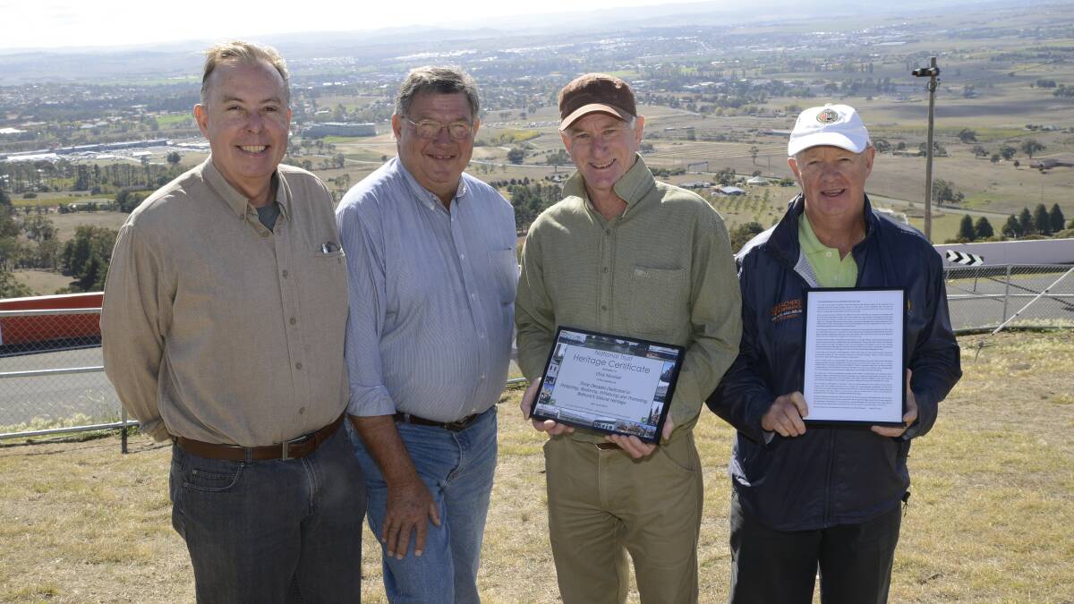HARD WORKING: Wayne Feebrey and Iain McPherson (left) from the Bathurst branch of the National Trust join Bathurst Regional councillor Graeme Hanger (right) to thank Chris Marshall for his work for the local community and environment. Photo: PHILL MURRAY 042316pchris 