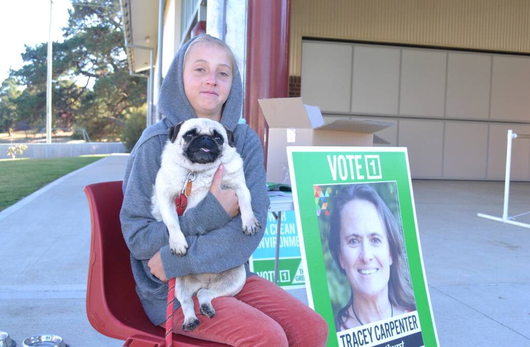 ELECTION DAY: Kenya Lacey, with her dog Linney, representing The Greens at Millthorpe Public School. Photo: NADINE MORTON 032815nmvote5