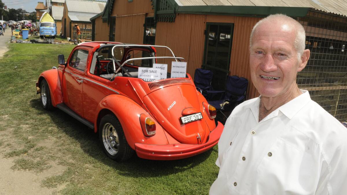 BUG FOR SALE: Arch Ledger had his restored 1967 Volkswagen at yesterday’s Bathurst Swap Meet. Photo: CHRIS SEABROOK 020716cswap