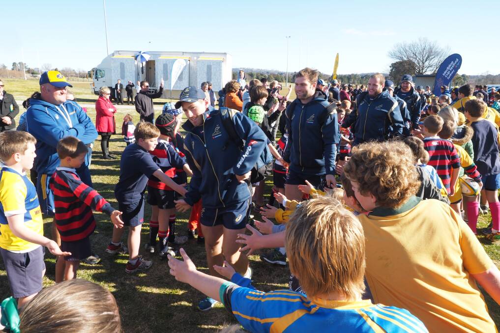 SPORTING HEROES: Young fans create an honour guard for the Wallabies as they arrived for training Ashwood Park yesterday. Photo: ZENIO LAPKA 080714zwallabies2