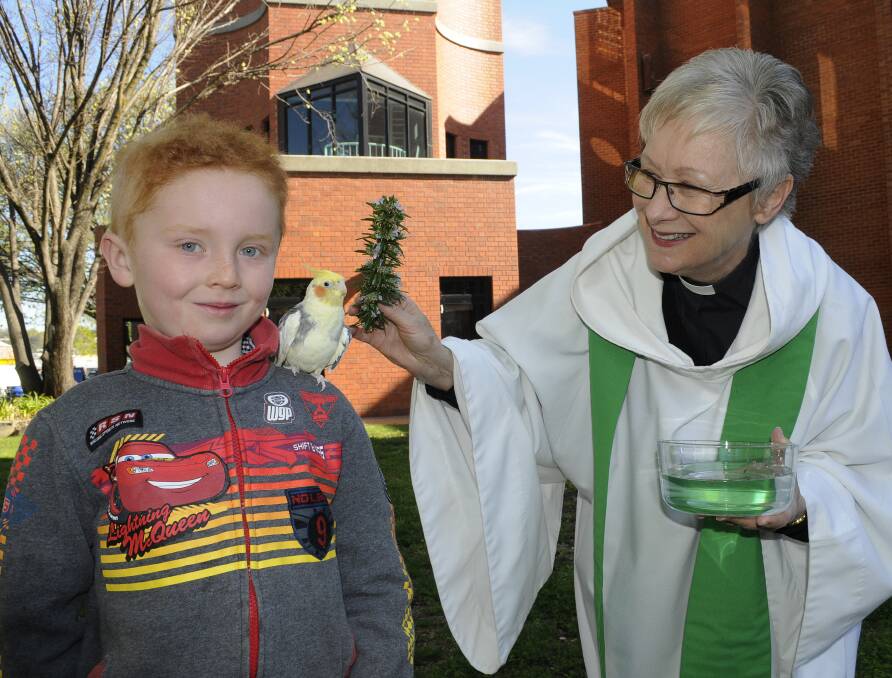 BLESSING OF THE ANIMALS: Five-year-old Nicholas Bellamy with his pet cockatiel ‘Quigley’ being blessed by the Dean of All Saints’ Cathedral, the Very Reverend Anne Wentzel. Photo: CHRIS SEABROOK 100514cbless1