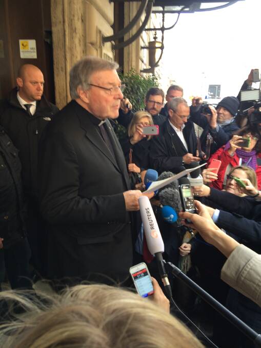 Cardinal Pell speaks after meeting with Ballarat survivors in Rome earlier this year. Photo Melissa Cunningham