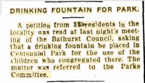 Drinking fountain proposed for Centennial Park. Story from The Bathurst National Advocate on March 25, 1926. Image: TROVE