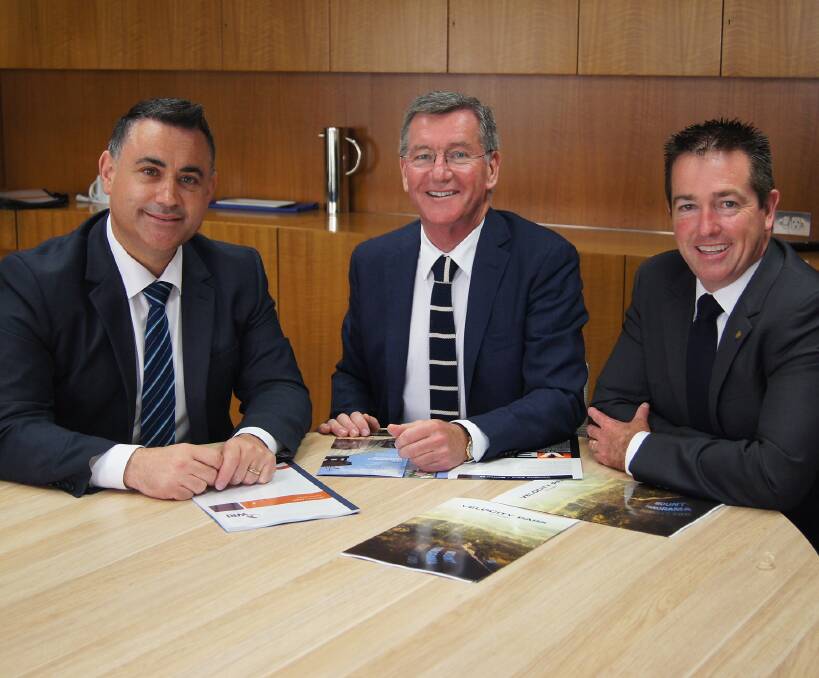 BIG VISION: Minister for Regional Development John Barilaro, Bathurst Regional Council mayor Gary Rush and State Member for Bathurst Paul Toole meet to talk about Velocity Park. Photo: SUPPLIED 101816meeting
