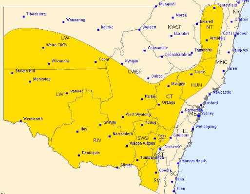 WARNING AREA: A severe weather warning is in place for the area shaded yellow.