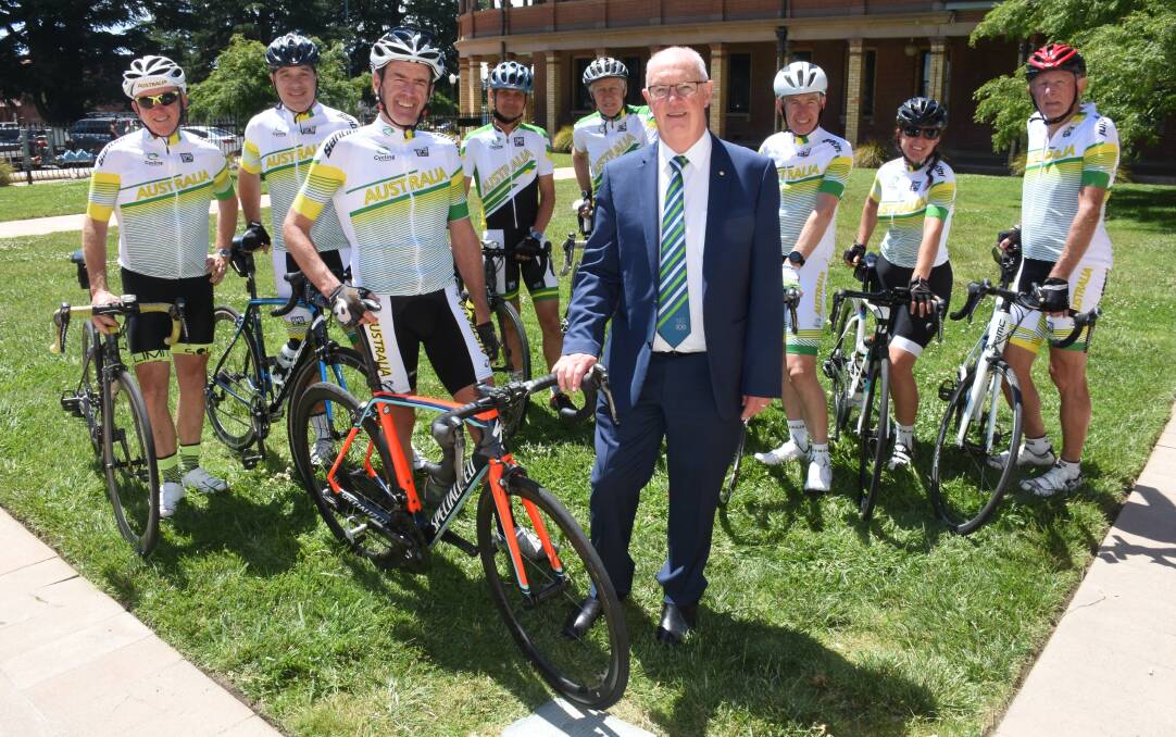 RIDE DAYS: Bathurst Cycling Club's Stephen Jackson and Bathurst Regional Council mayor Graeme Hanger, with (back) cycling club members. Photo: NADINE MORTON
