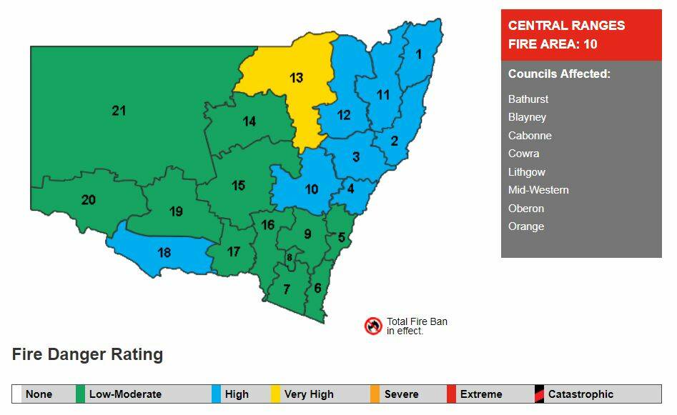 A high fire danger rating is in place for Bathurst and the Central Ranges on Friday, December 15. Image: NSW RFS