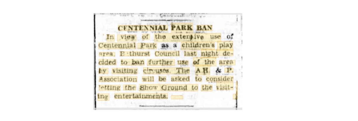 Circuses are banned in Centennial Park. Story: The Bathurst National Advocate, June 25, 1953.