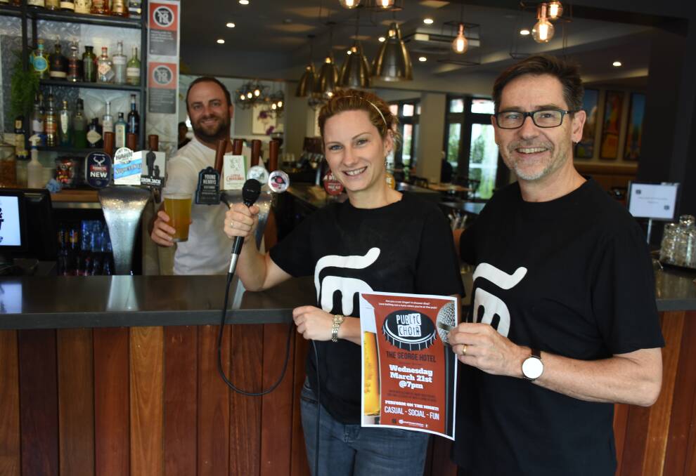 GET SINGING: The George Hotel licensee Matt Harrowsmith and the Mitchell Conservatorium's Lauren Hagney and Graham Sattler are keen for the community to join the PUBlic Choir night. Photo: NADINE MORTON 031618nmchoir1