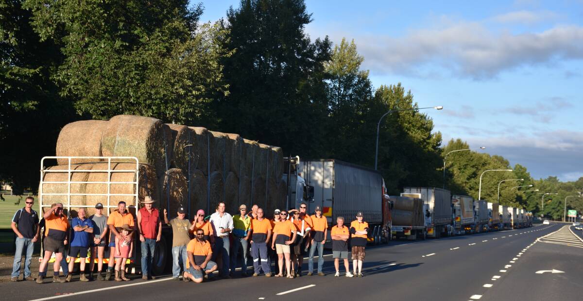SNAPSHOT: Drivers and supporters who transported 13 trucks of feed for the Hay2Help appeal. Photo: NADINE MORTON 022517nmhay5