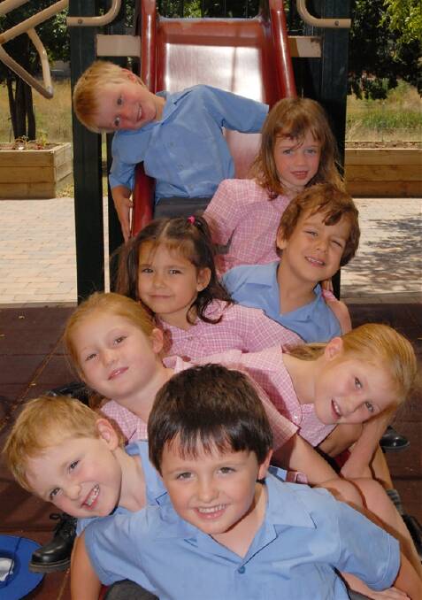DOUBLE VISION: Starting kindergarten at St Philomena’s this year were twins (bottom to top) Mitchell and Lachlan Ellery, Hannah and Ruby Dunn, Lorena and Giordan Dionigi and Stevie and Troy Webster. 021011ztwins2