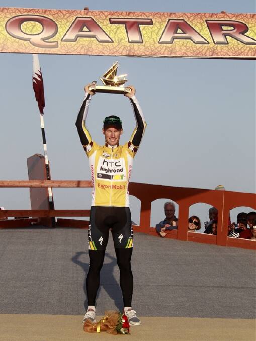 CAREER HIGH: Bathurst rider Mark Renshaw celebrates the biggest win of his road racing career in Qatar on Friday.  Photo:  REUTERS/Jacky Naegelen 0213renshaw