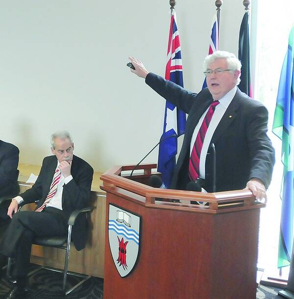 THE PLAN: Professor John Dwyer speaking during the launch of the $90 million Rural Medical Plan at CSU.
