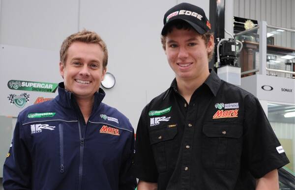 BATHURST BOUND: Seventeen-year-old Cameron Waters (right) won the right to drive along Grant Denyer (left) in Sunday’s Bathurst 1000 after winning a reality television show.