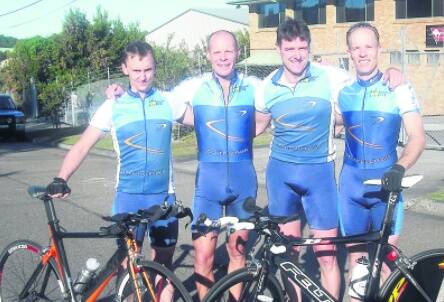 RIGHT ON TIME: The Bathurst men’s masters all age team of, from left, Jarrod Bell, Dennis Martin, Steve Bennett and Ryan O’Donnell, who improved from eighth at last year’s NSW Team Time Trial Championships to place sixth at Somersby on the weekend. 062310timetrial