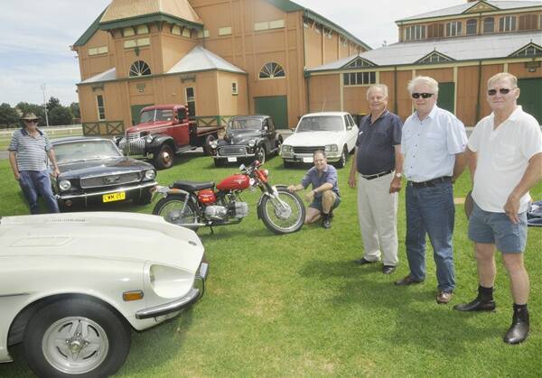 SWAP YA: Members of the Bathurst Historic Car Club, Chris McKay, with his 1966 Ford Mustang, Norm Rutherford, with his 1969 Aermacchi, Ean McMaster (1979 Peugeot 504), John Hodges (1962 Morris Minor 1000) and Bob Martin (1946 Chevrolet one tonne truck) with a 1976 Datsun 260Z owned by Shelley Hodges. Photo Chris Seabrook