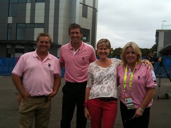 IN THE PINK: TV personality Jason Hodges, Glenn McGrath, Jane Bennett and foundation director Tracey Bevan. 010612pink2