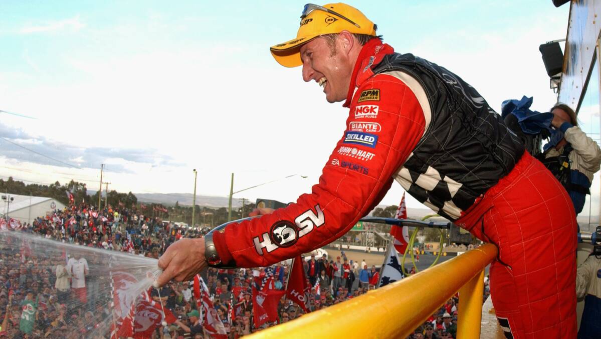2002: Mark Skaife of the Holden Racing Team #1 celebrates after winning the 2002 Bob Jane T-Marts Bathurst 1000. Photo: Getty Images. 