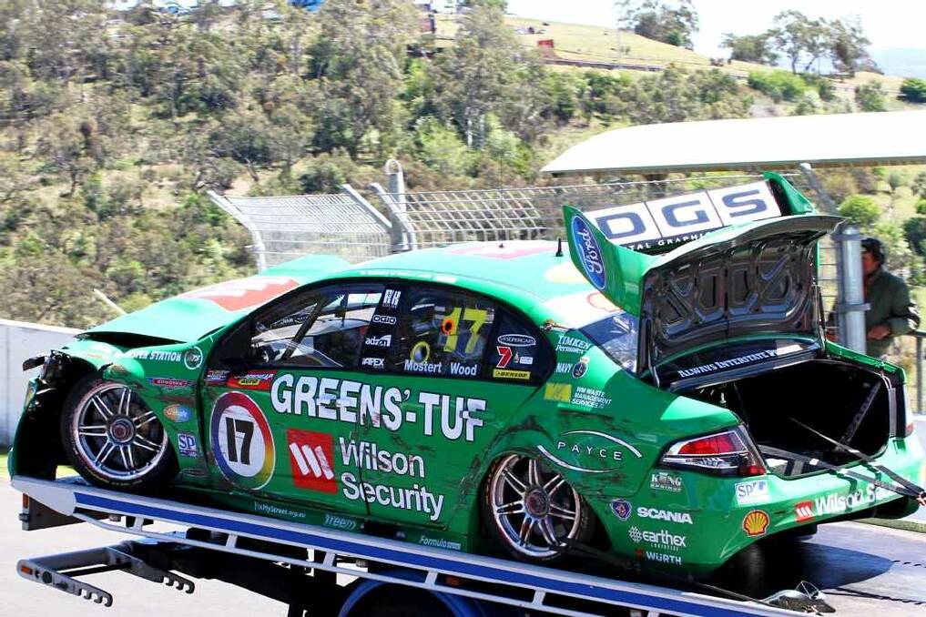 Chaz Moztert's Wilson Security Racing team car after his crash at the top of Mount Panorama during the fifth practice session for the V8s.. Photo: David McCowen